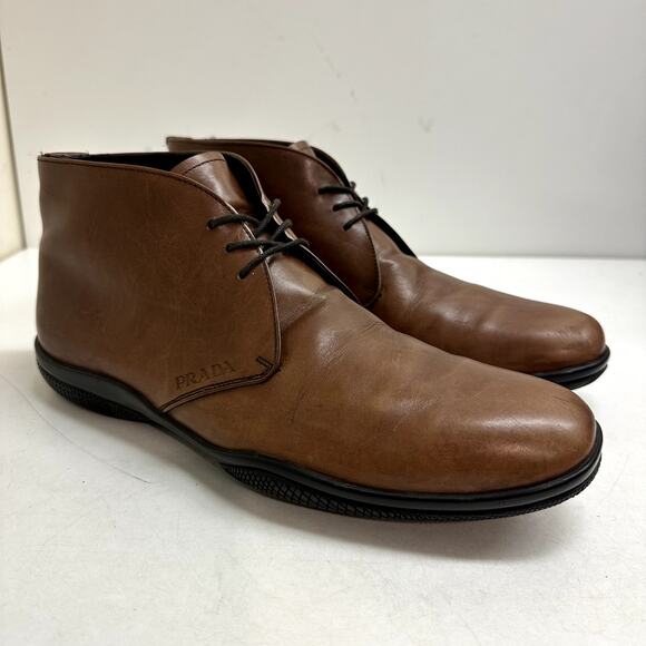 GOOD Prada Sport Leather Lace-Up Boots Chukka Brown Calf T 2050 UK 8.5 / US 9.5 - Picture 1 of 11